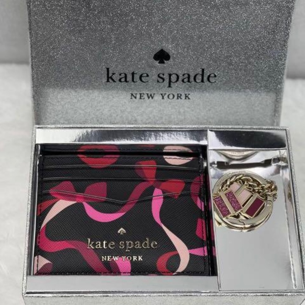Kate Spade Boxed Staci Ribbon Printed Card Case & Gift Box Key Chain NWT